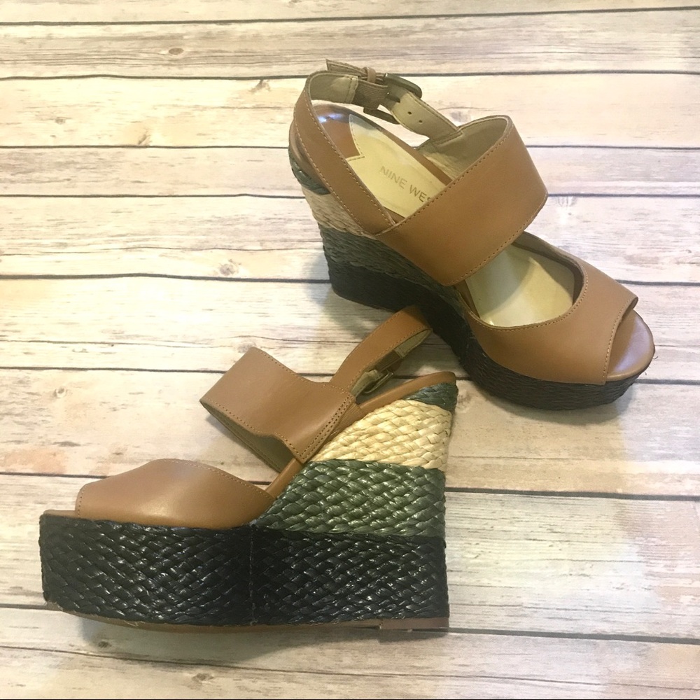 Nine West Green Woven Straw Wedges